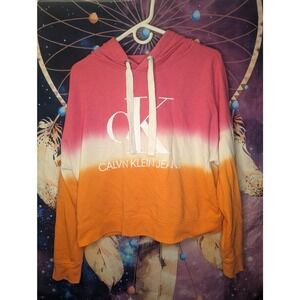 Calvin Klein Jeans M Multicolor Ladies' Crop Hoodie Pink/White/Orange